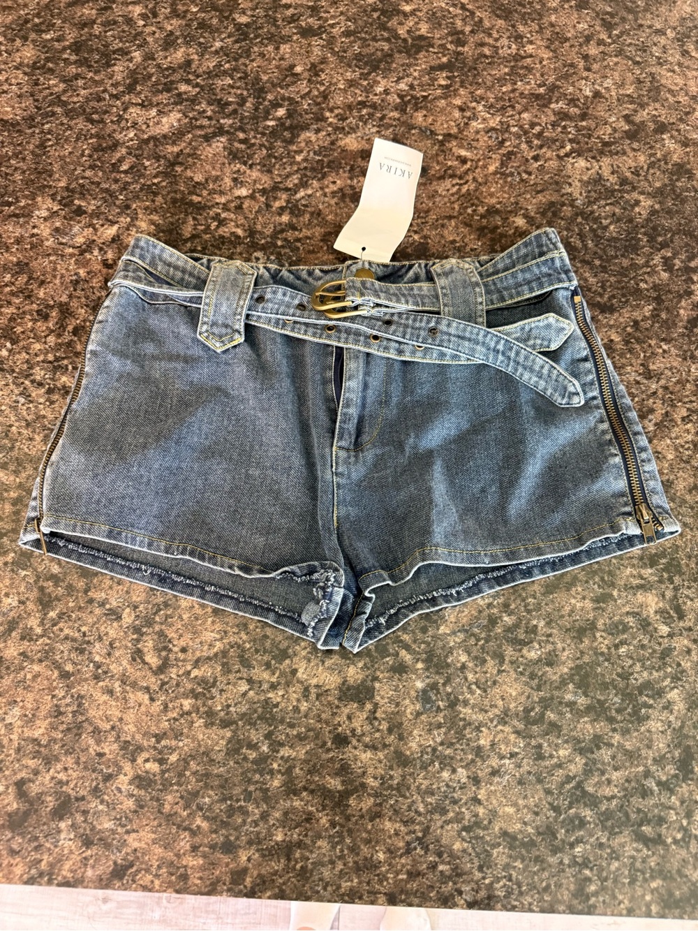 AKIRA Medium Blue Denim High-Waist Belted Shorts with Side Zippers